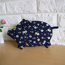 豚フーフルジッパー赤バッグ財布〜青豚 1枚目の画像