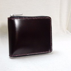 コンパクトラウンドファスナー財布　横型　コードバン　ワインレッド 1枚目の画像