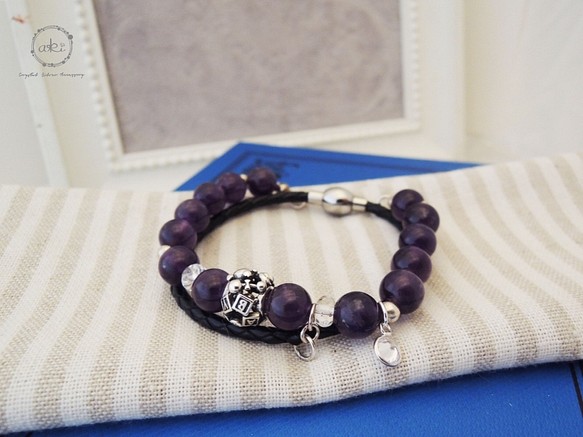 售完『幸福的智慧』天然紫水晶＋白水晶＋925銀飾品＋真皮皮繩手鍊 -Aki's design 第1張的照片