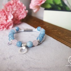 『你口中的平靜舒心』天然海藍寶石、粉水晶＋925銀飾品＋真皮皮繩手鍊 -Aki's design 第1張的照片