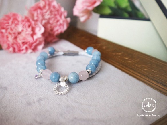 『你口中的平靜舒心』天然海藍寶石、粉水晶＋925銀飾品＋真皮皮繩手鍊 -Aki's design 第1張的照片