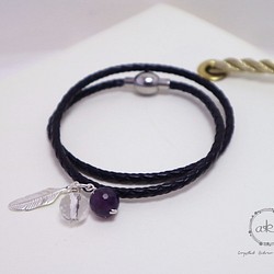 『小幸運-黑』天然紫水晶、白水晶、925銀飾品＋真皮皮繩手鍊 -Aki's design 第1張的照片