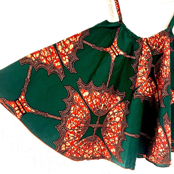 アフリカ布 スーパーAラインフリルキャミソール 緑/オレンジトライバル柄 チュニック ノースリーブ エスニック 1枚目の画像