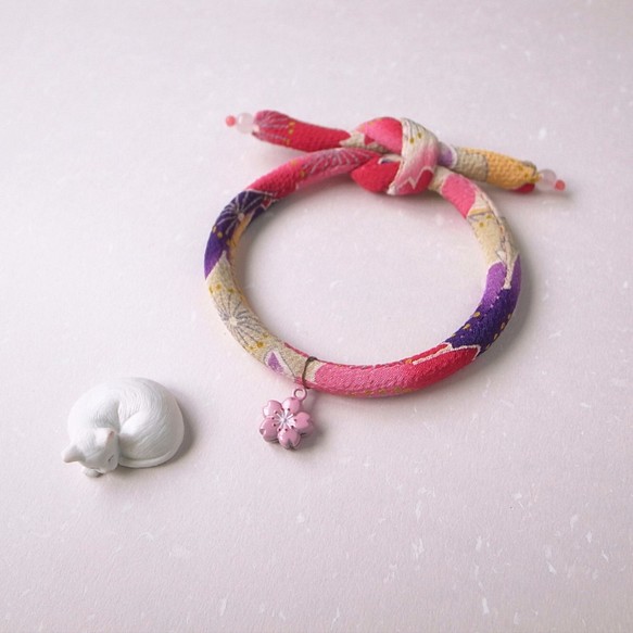 日本犬貓和布頸圈 項圈(單結式)--赤紫+粉櫻花鈴鐺 第1張的照片