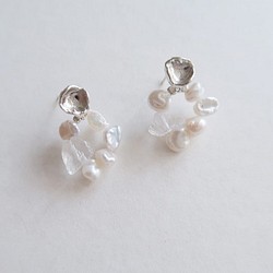 925純銀 原焠花圈 白水晶 淡水珍珠 耳環 耳夾 一對 第1張的照片