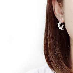 925純銀 彎月水滴珍珠 立體雙圈 耳環或耳夾 (一對) 第1張的照片