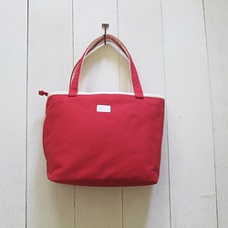 馬卡龍系列-帆布中號托特包(拉鍊開口+外後貼袋+外側拉鍊袋+內水壺袋) 紅+米白 第1張的照片