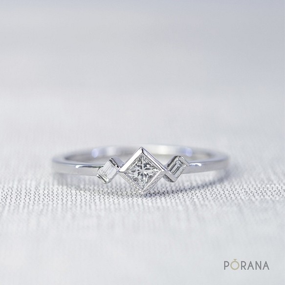 プリンセスカットセンターダイヤモンドリング、バゲットカットダイヤモンド付き, 14kゴールド, ウィーブコレクション 1枚目の画像