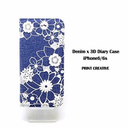 【なくなり次第終了】iPhone6／6s 手帳型デニムケース（レースフラワー3D・ブルー） 1枚目の画像