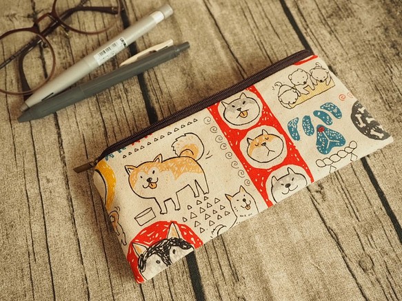 限定オリジナル手縫い筆箱メガネバッグ食器バッグアプリコットかわいい柴犬 1枚目の画像