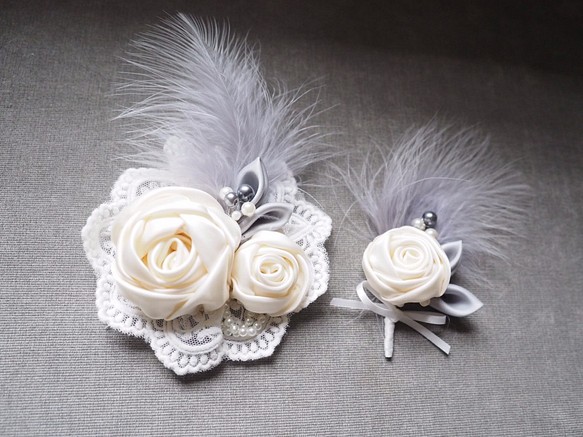 ひまわりハンドメイドリボンのバラの結婚式白いブライダルヘッドドレス/ハンドフラワー/コサージュ 1枚目の画像