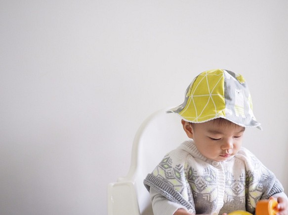 手工製作雙面防風防曬棉質帽子 適合成人小孩嬰兒 灰色北極熊拼黃色幾何圖案 第1張的照片
