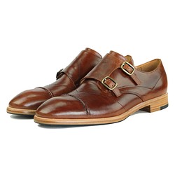 Double M1195 Caramel Brown Leather Monk-Strap Shoes 第1張的照片