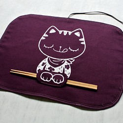 貪吃小貓（和食版）收納餐墊【附筷子】雙面紫色系 第1張的照片