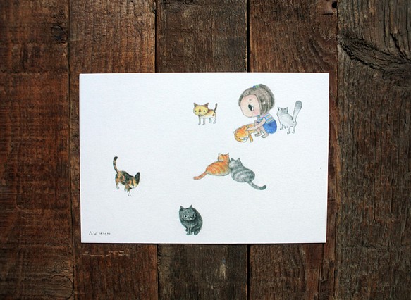 貓咪插畫明信片A-8〔被貓圍繞著〕 第1張的照片