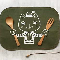 聖誕禮物貪吃小貓（洋食版）收納餐墊 #交換禮物【附櫸木餐具：湯匙、叉子】綠色 第1張的照片
