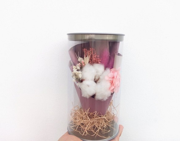 本物の花と||白い雲綿の植木鉢ドライフラワー小さな花束の結婚式の小さなものでクラフト紙袋 1枚目の画像