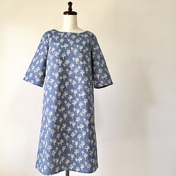 樹半袖連衣裙*棉麻*海軍藍 第1張的照片
