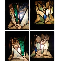 ステンドグラスとシーグラスのランプ#1 大谷石の台、ランプ付き 1枚目の画像