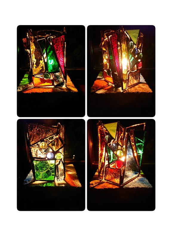 ステンドグラスのランプ#3 大谷石の台座、ランプ付き 1枚目の画像