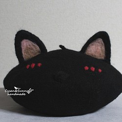 【受注生産】かわいい黒猫　ねこ　羊毛フェルトベレー帽 1枚目の画像