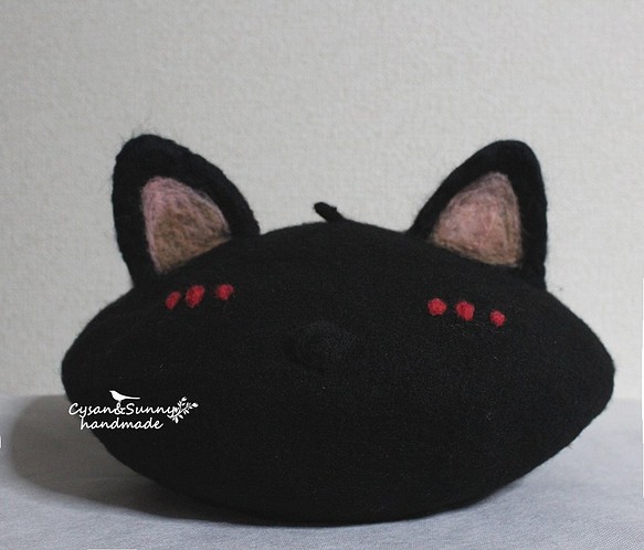 【受注生産】かわいい黒猫　ねこ　羊毛フェルトベレー帽 1枚目の画像