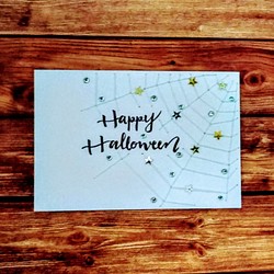 【ハロウィン】紙刺繍メッセージカード(蜘蛛の巣パステルブルー） 1枚目の画像
