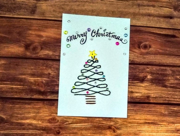 【クリスマス】紙刺繍メッセージカード(グリーンツリー） 1枚目の画像