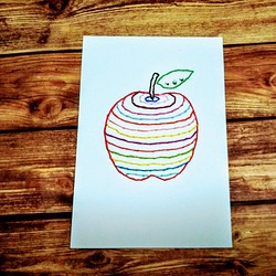 【マルチに使える】紙刺繍メッセージカード(りんごボーダー） 1枚目の画像