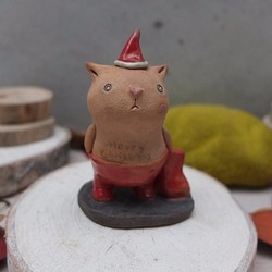 【陶pottery 】聖誕Christmas裸上身聖誕貓 - 蛋黃眼圈棕胖胖貓 第1張的照片