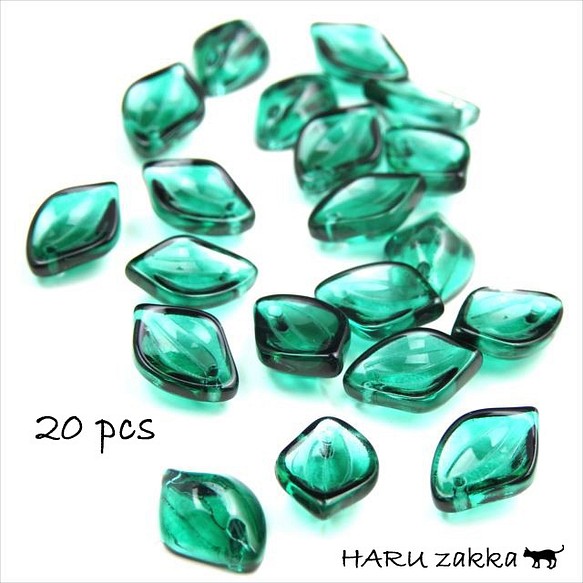 [20 件] 葉玻璃珠頂孔 ★ 綠色 ★ 14 x 10 毫米 ★ 珠瓣葉 (garasb-h13) 第1張的照片