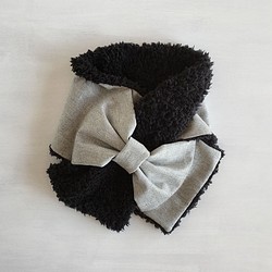 蓬鬆♪絲帶圍巾（羊毛×貴賓犬毛皮）*淺灰色×黑色 第1張的照片