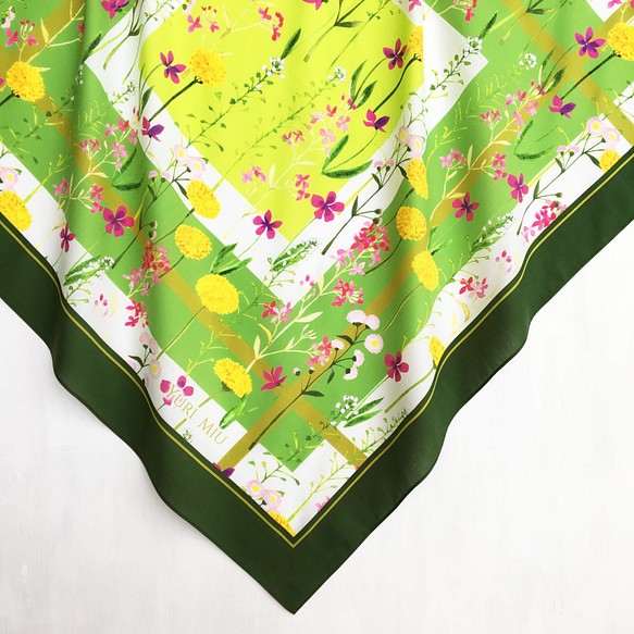 圍巾｜花田紫羅蘭，蒲公英等（綠色）（大號/棉） 第1張的照片