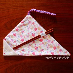 全套【套裝】擦漆筷+筷袋（白×桃小花）/【套裝】筷子包（白×花） 第1張的照片
