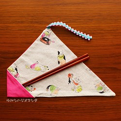 完売【セット】拭き漆の箸＋箸袋(桃×白猫)/[SET] CHOPSTICKS & BAG(Pink×WhiteCat) 1枚目の画像