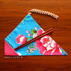 [Set]擦漆筷子+筷子袋（客家花布，藍色）/ [Set]筷子和提包（中國花） 第1張的照片