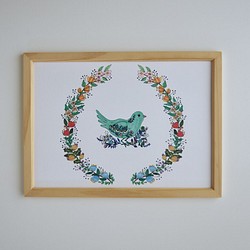 "鳥とボタニカルリース"インテリアポスター 1枚目の画像