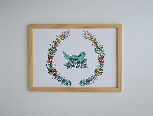 "鳥とボタニカルリース"インテリアポスター 1枚目の画像