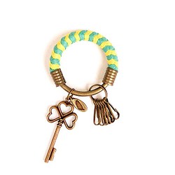 【UNA-優娜手作】 鑰匙圈(小)5.3CM 湖水綠＋亮黃＋幸運草鑰匙 手工 編織 腊繩 鐵環 客製化 第1張的照片