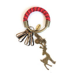 【UNA-優娜手作】 鑰匙圈(小)5.3CM 紅色＋酒紅色＋花鹿角梅花鹿 手工 編織 腊繩 鑰匙圈 客製化 第1張的照片