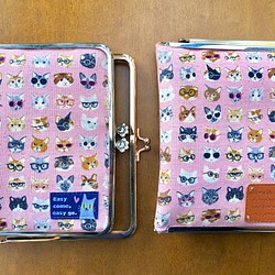 猫にメガネ ピンク がま口母子手帳・お薬手帳ケース 口金選択可 1枚目の画像