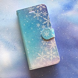 ★送料無料★名入れ可★星空に雪の結晶 スマホケース 手帳型 【受注生産】アンドロイド iPhoneケース 1枚目の画像
