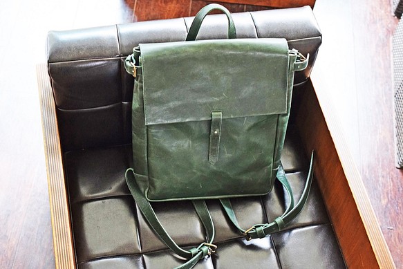 非常耐用的馬皮革背包（綠色）JAB005，讓您外出 第1張的照片