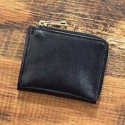 姫路産 馬革 コードバン ミニ財布 整理しやすい  L字ファスナー コンパクト ブラック 本革　JAW015 1枚目の画像