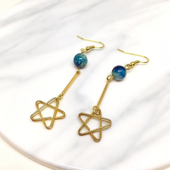 藍星-可改夾式 Brass Earrings / 一對 / 天然石 復古 黃銅耳環 / 禮物客製設計 第1張的照片
