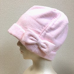 無撚糸タオルのリボン帽子 ピンク 1枚目の画像