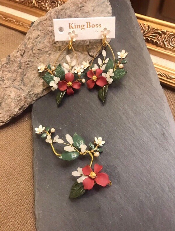 （冒牌老闆娘）紅花綠葉新娘耳環飾品組（20191007-1）# 第1張的照片