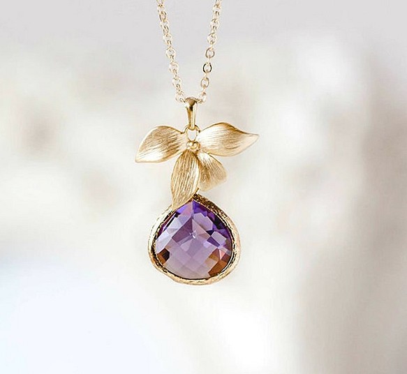 蘭花和紫水晶石項鍊 LeChaim Jewelry Gold Classy Elegance Orchid 第1張的照片