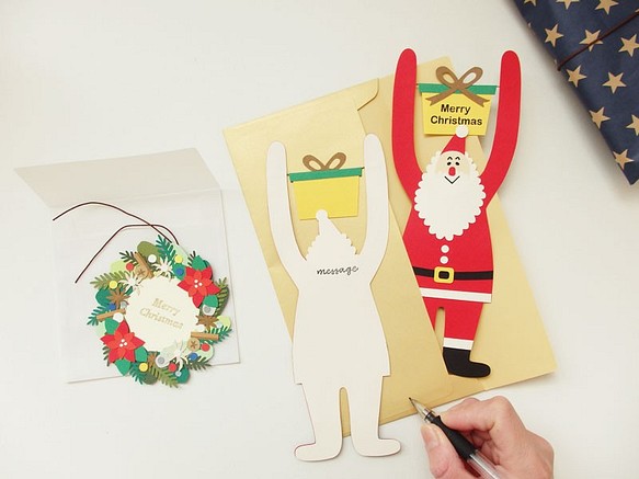 【クリスマスカード2枚セット】サンタクロース＆リース／ポインセチア・レッド 1枚目の画像