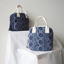 ●受注生産●紺色の花とリボン飾りのバッグ 1枚目の画像